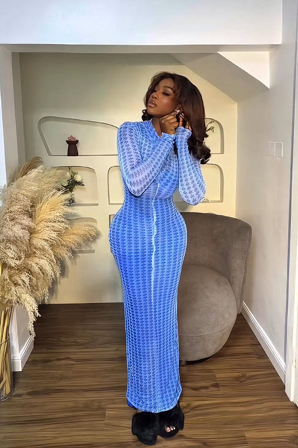 Electric Blue Sheer Texture Bodycon Maxi Dress