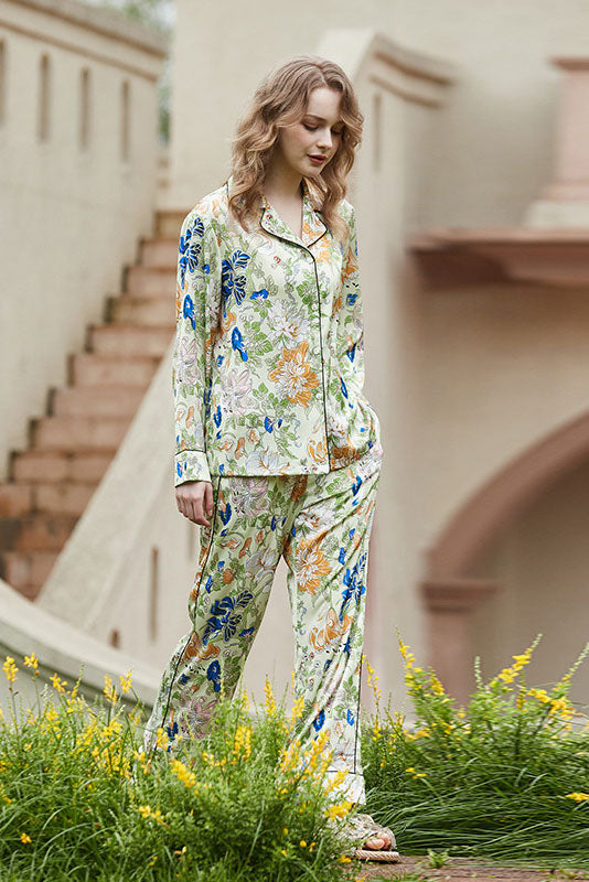 Morning Glory  and Lily Pattern Cardigan Long Sleeve Pajama Set