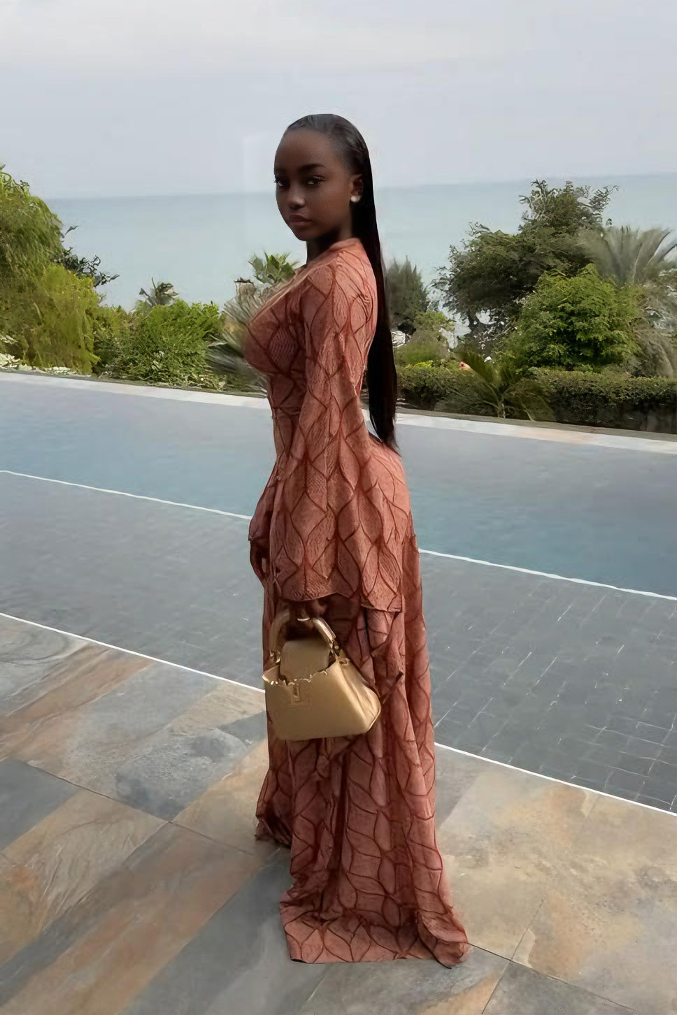 Mocha Rose Geometric Print Sheer Maxi Dress