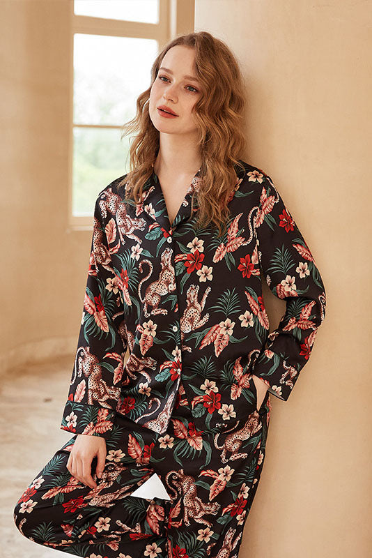 Jaguar og blomstertrykk med langermet Loungewear-sett