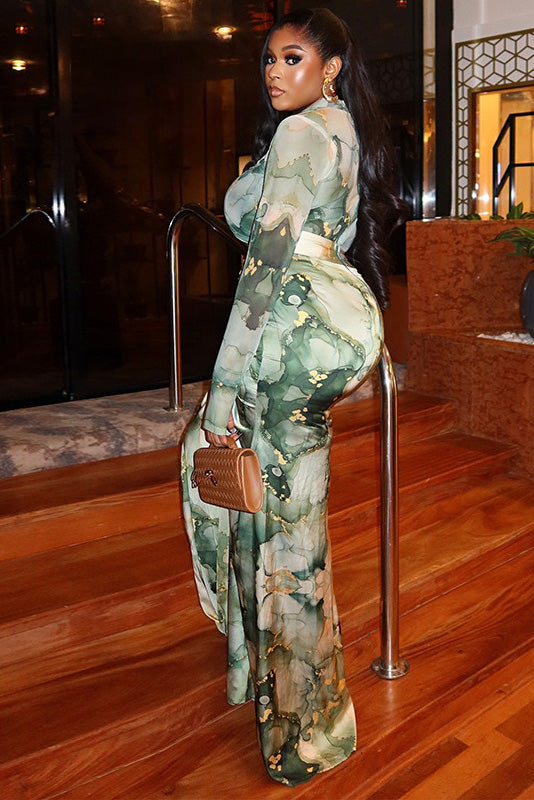 Abstract Ink Ruched Midi Skirt Set