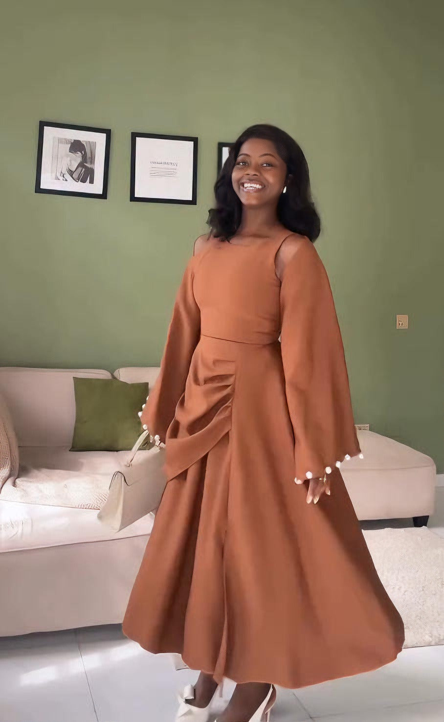 Pearl-Trimmed Asymmetric Pleated Midi Dress