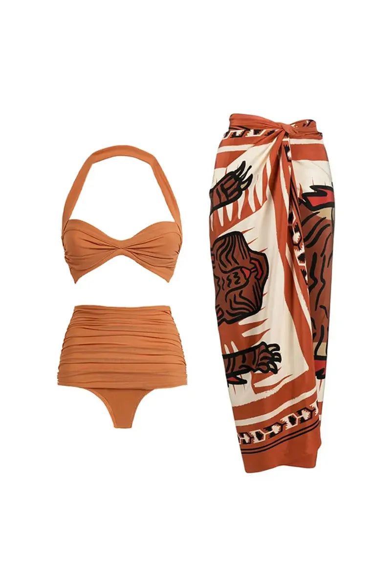 Halter Mesh Patchwork Vintage Bikini Set