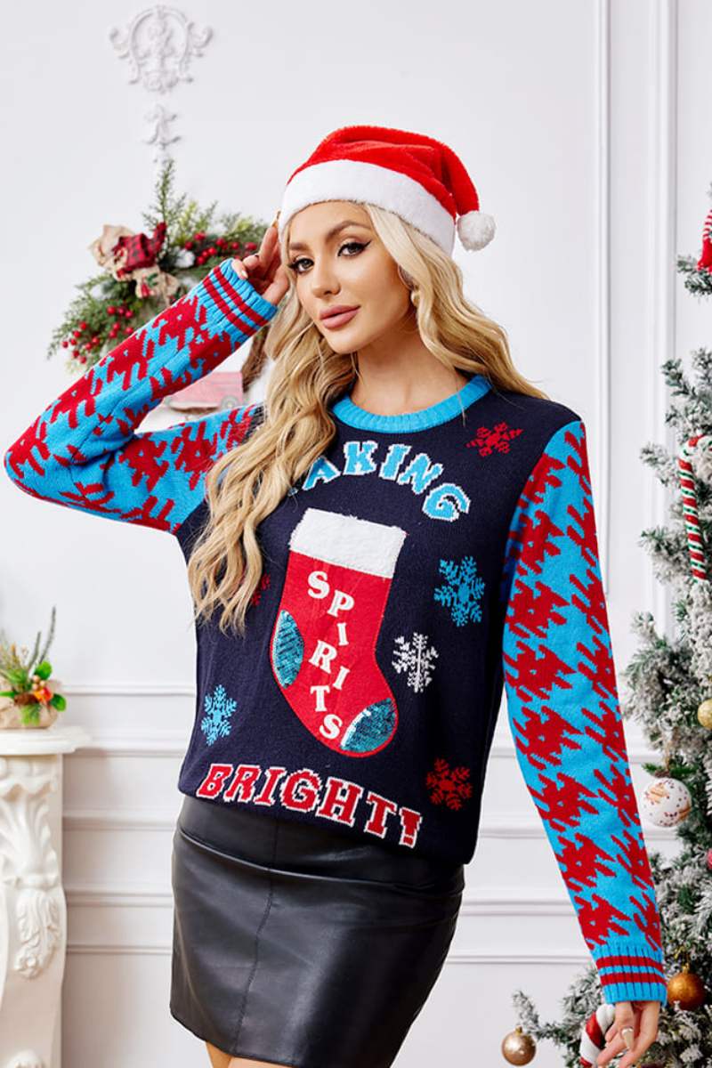 Casual Christmas Socks Embroidery Knit Sweater