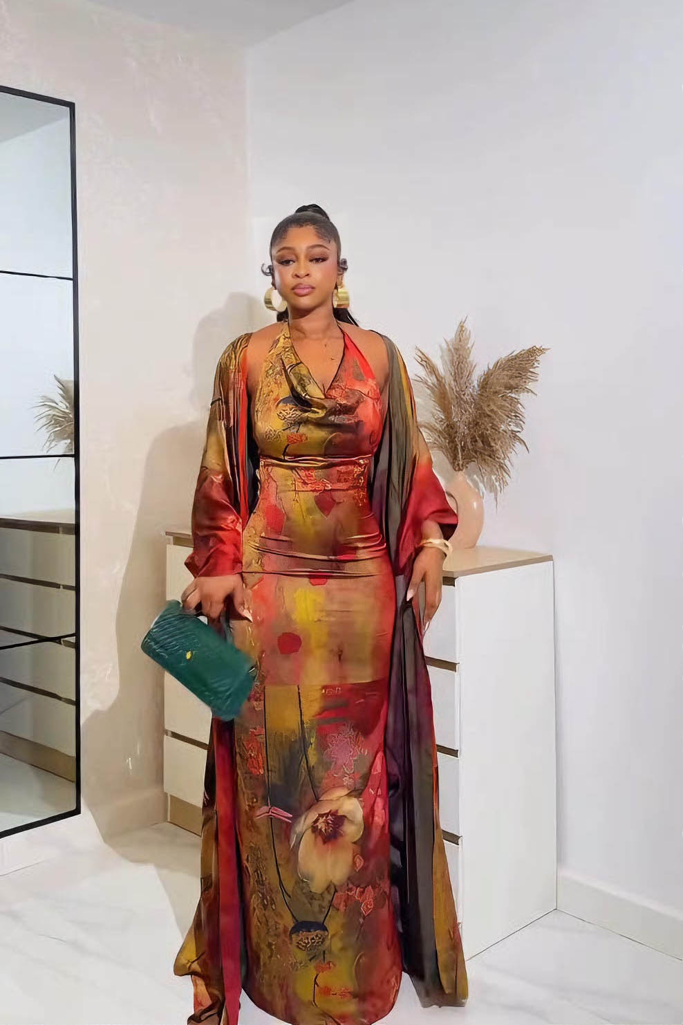 Fiery Floral Robe & Bodycon Maxi Dress Set