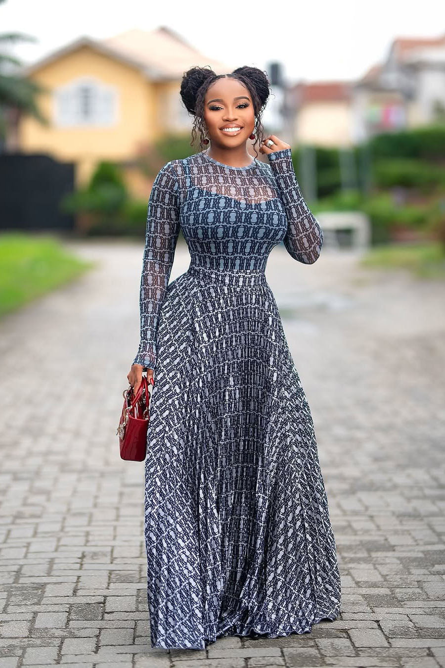 Gradient Chain-Pattern Sheer Mesh Fitted Maxi Dress