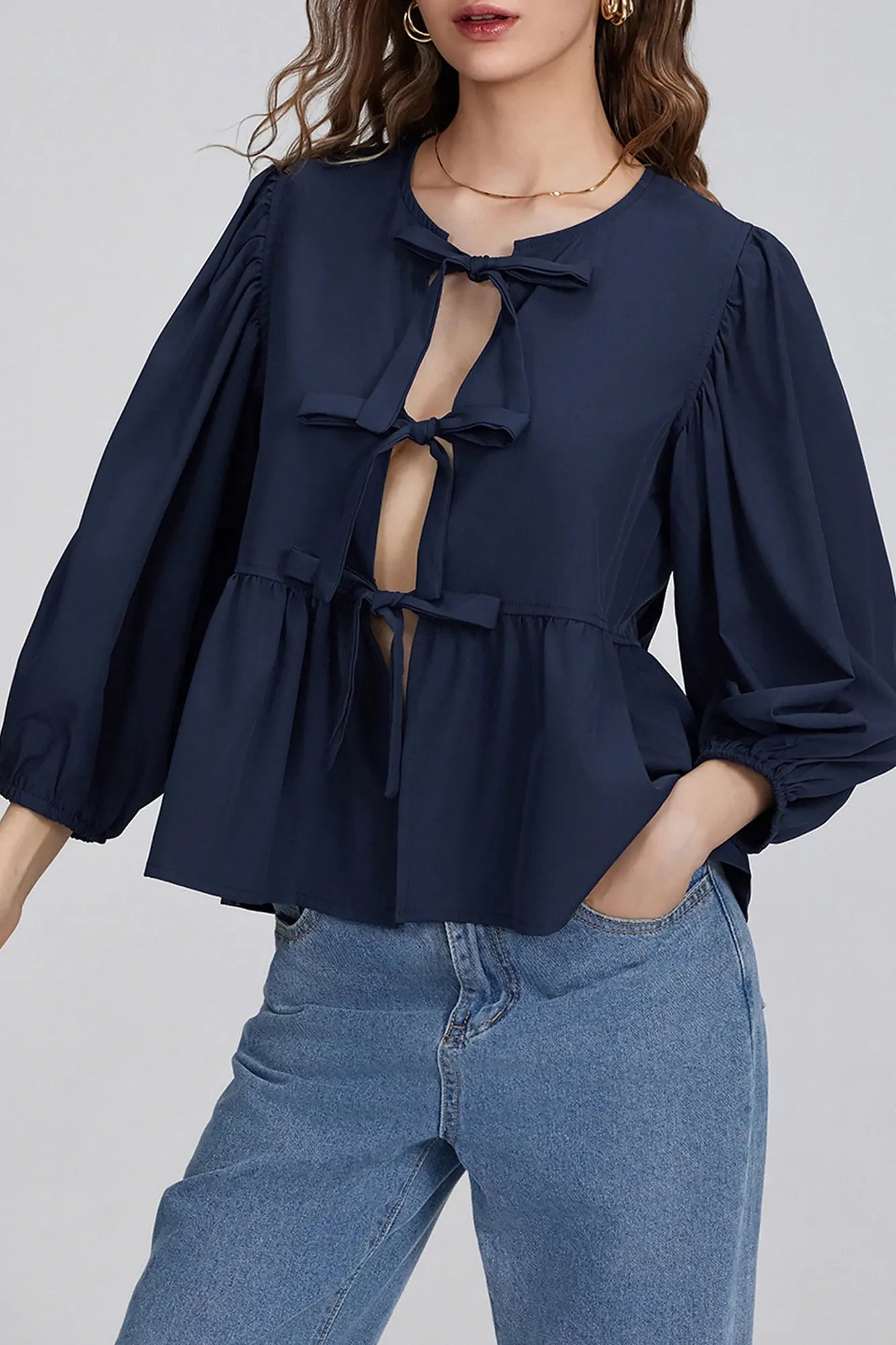 Puff Sleeve Peplum Sløyfe Bluse Topp