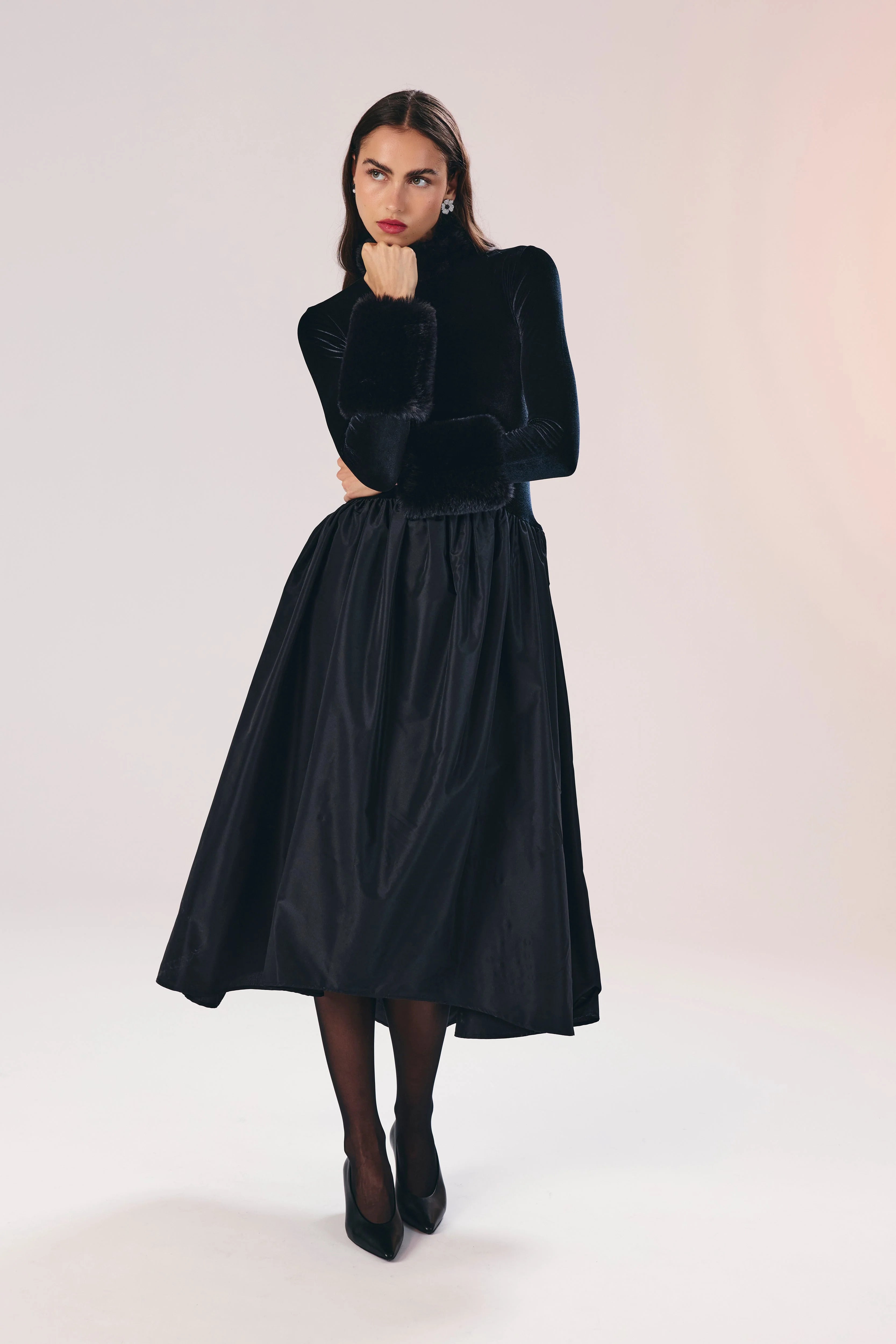 Opulent Velvet Satin Fur-Cuff Midi Dress