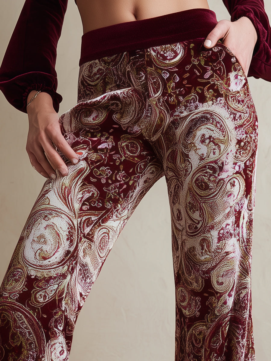 Vintage western bukser med paisleyprint i bordeaux fløjl, vidde i benene