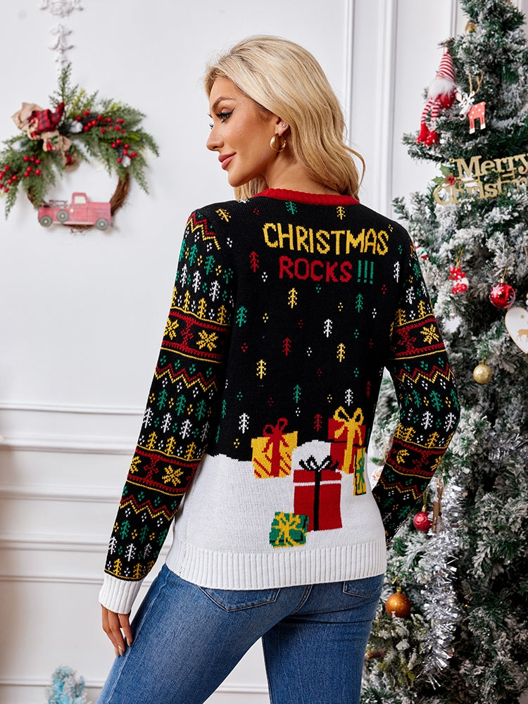 Knit Crewneck vyšívaný svetr – Santa Claus a noty