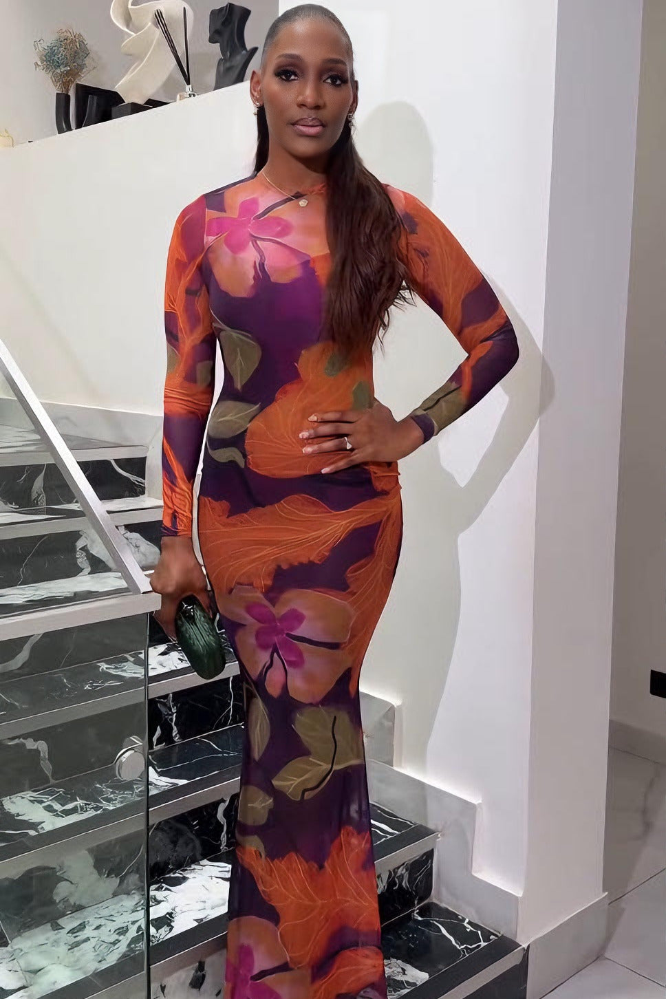 Luxury Floral High-Neck Mermaid Maxi Dress