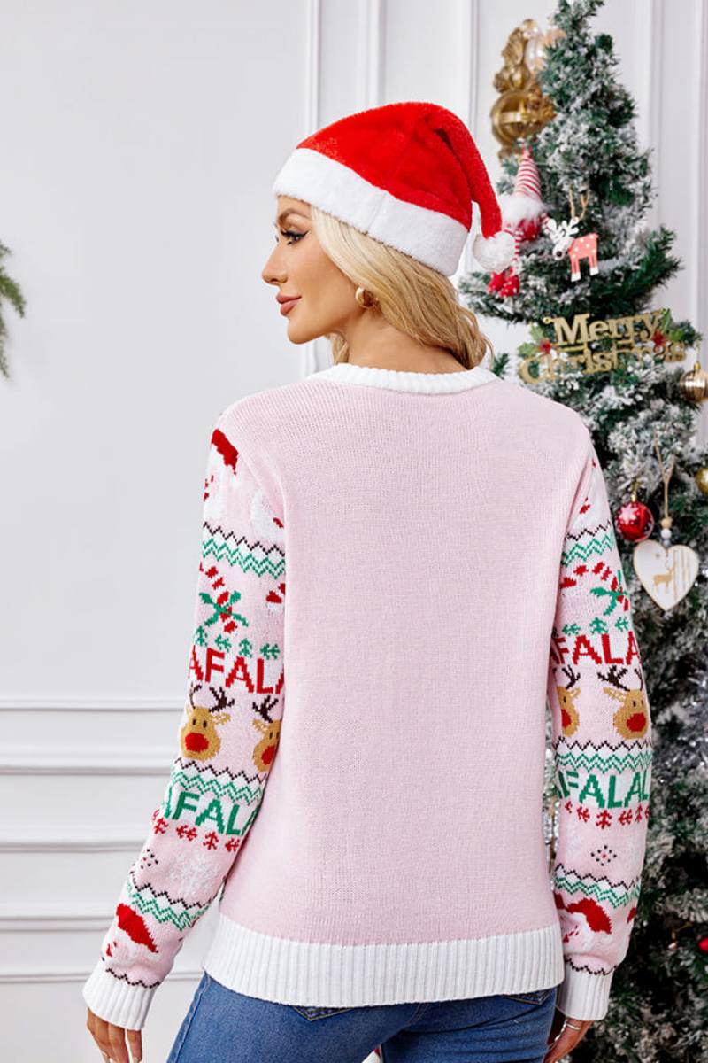 Loose-Fit Ronn Hals Chrëschtdag Cartoon Strécken Sweater - Pink