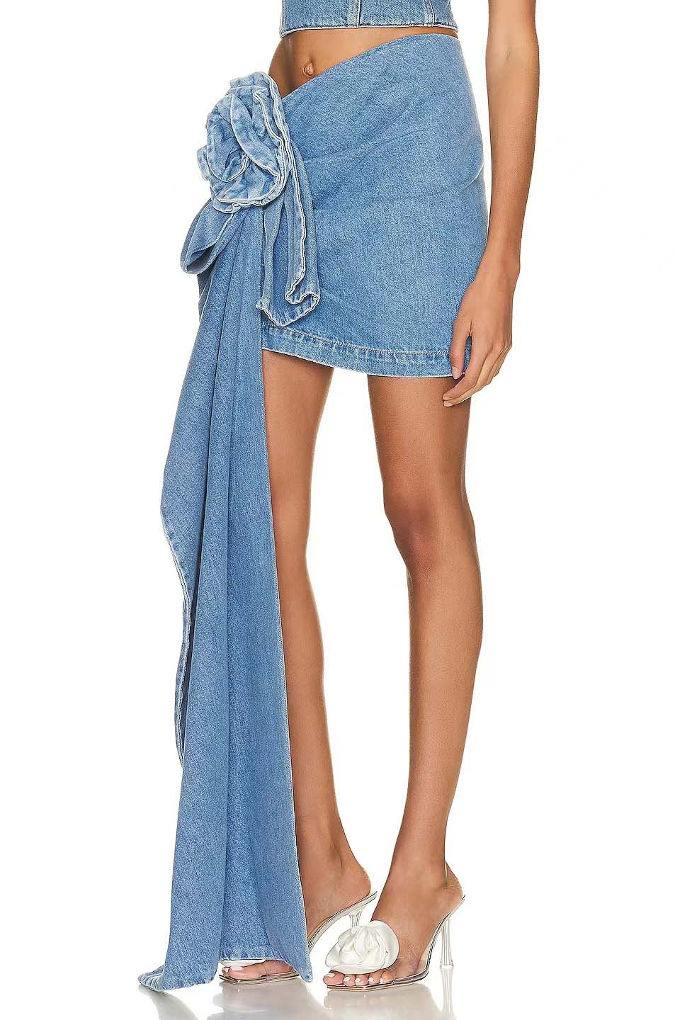 Denim Mini Skjørt Med 3D-Roser