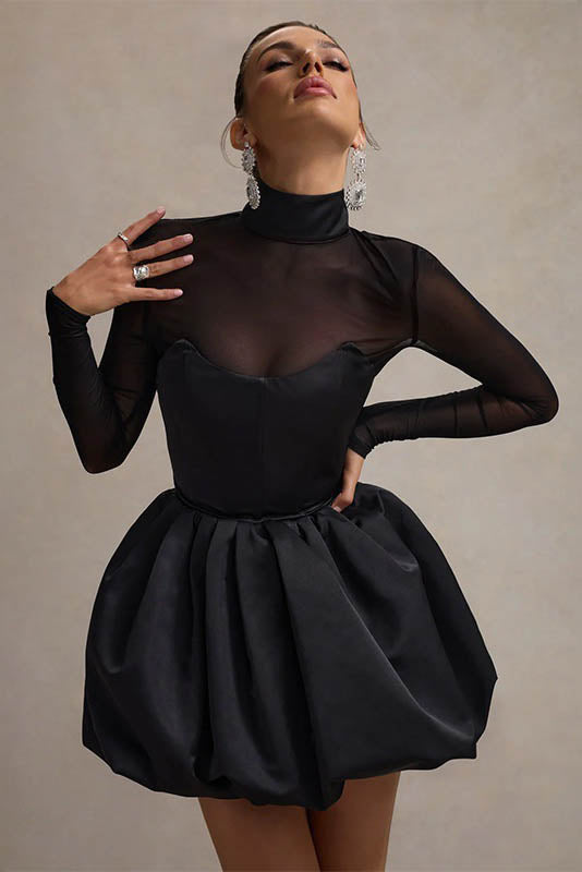 Winter Elegant Mesh Sheer Slim Fit Puff Mini Dress