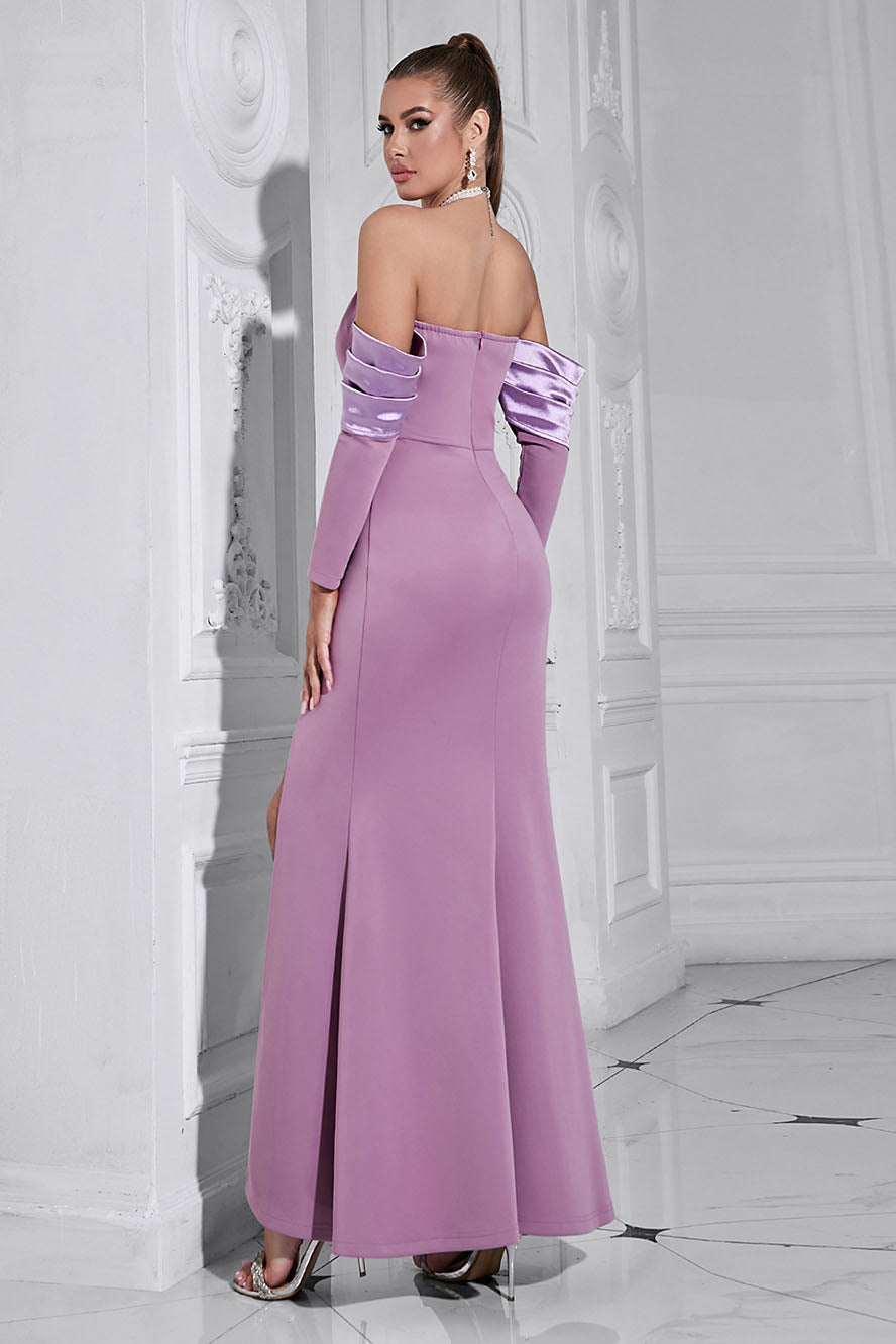 Robe midi slim élégante à épaule unique avec col en fourrure