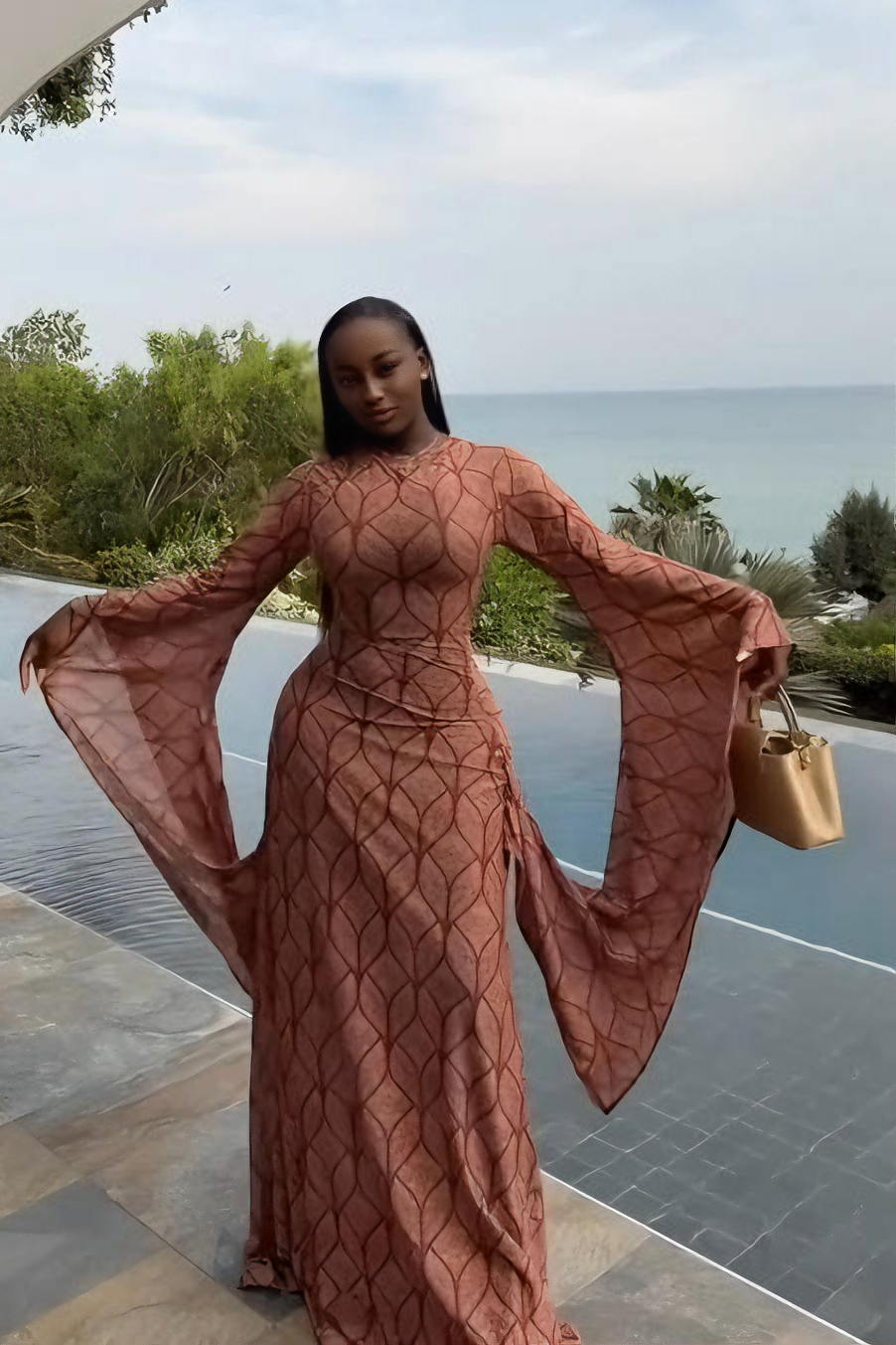 Mocha Rose Geometric Print Sheer Maxi Dress