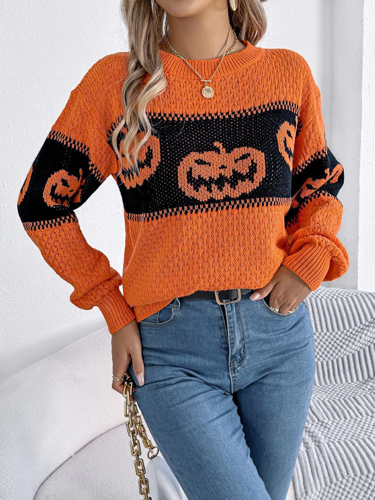 Halloween Pumpkin Head Faarf-Block Crew Neck Strécken Sweater