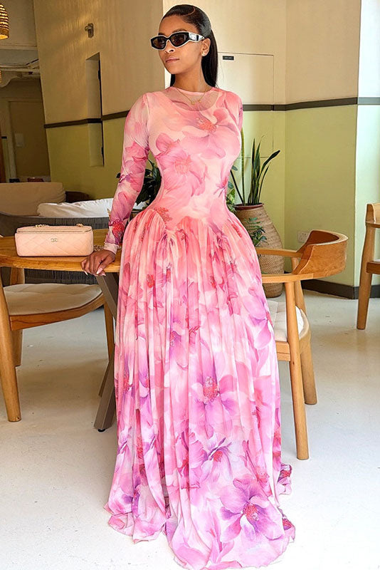 Vestido largo fluido floral rosa soñador