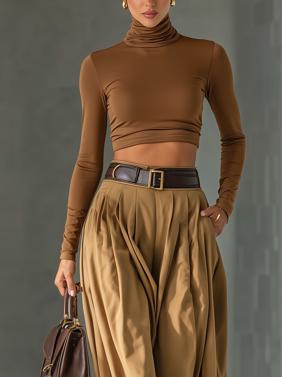 Conjunto para mujer de top marrón mezclado y pantalones de pierna ancha