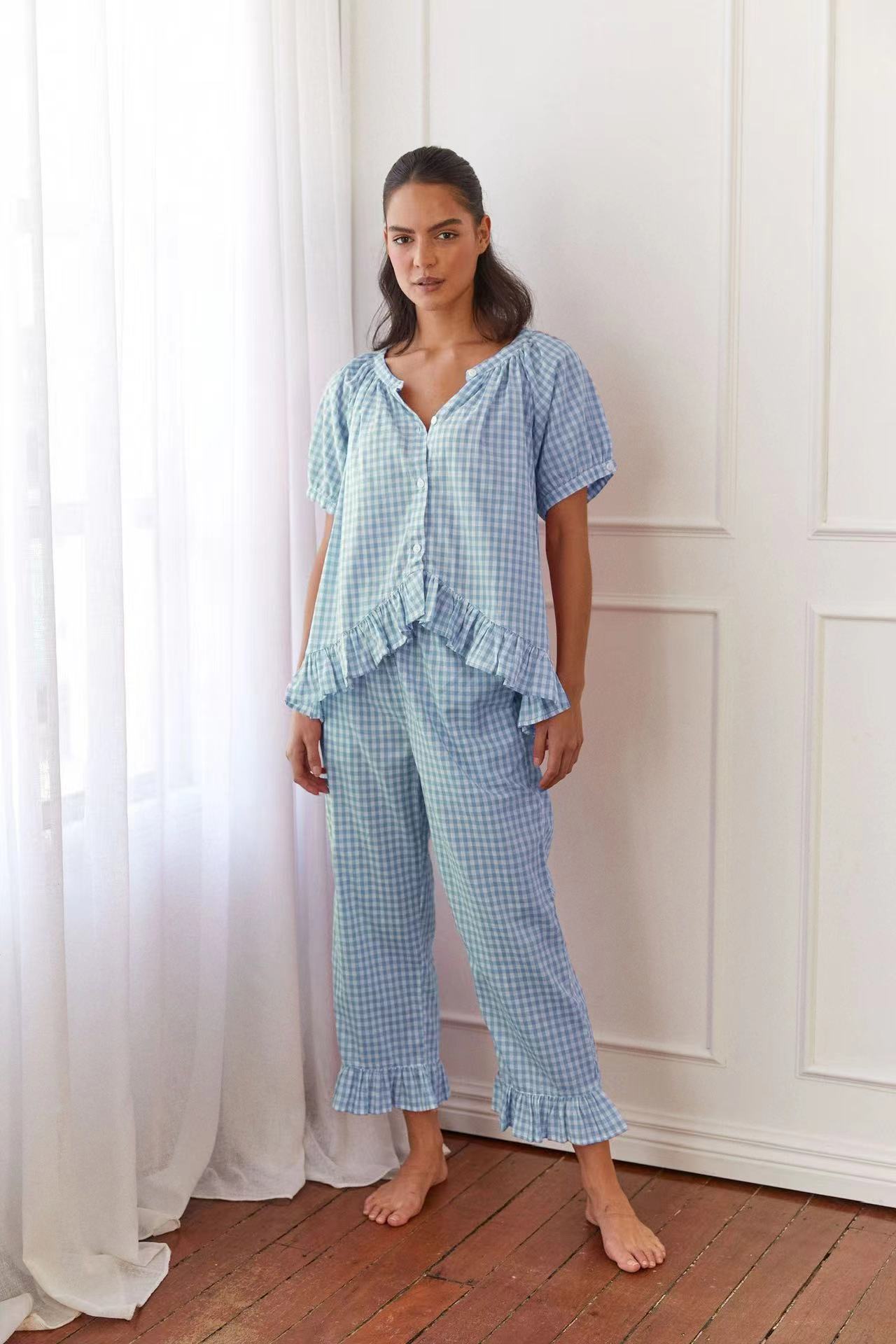 Casual Ruffled Plaid Print Shirt Pajama Set