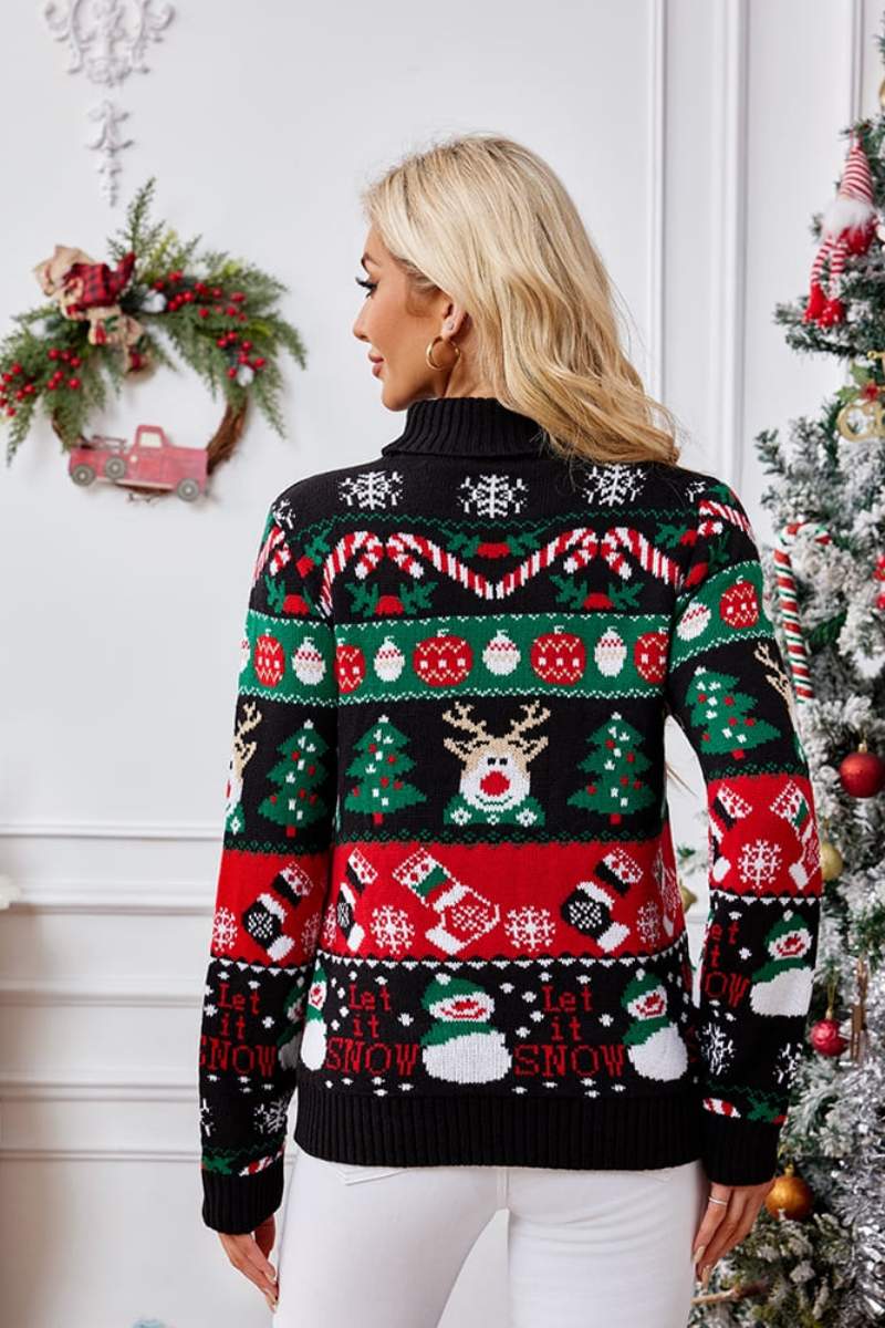 Hochgeschlossener Pullover mit weihnachtlicher Schneemann-Stickerei