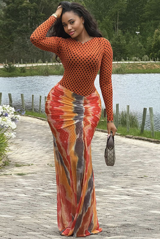 Warm Tone Polka Dot Long Sleeve Maxi Dress