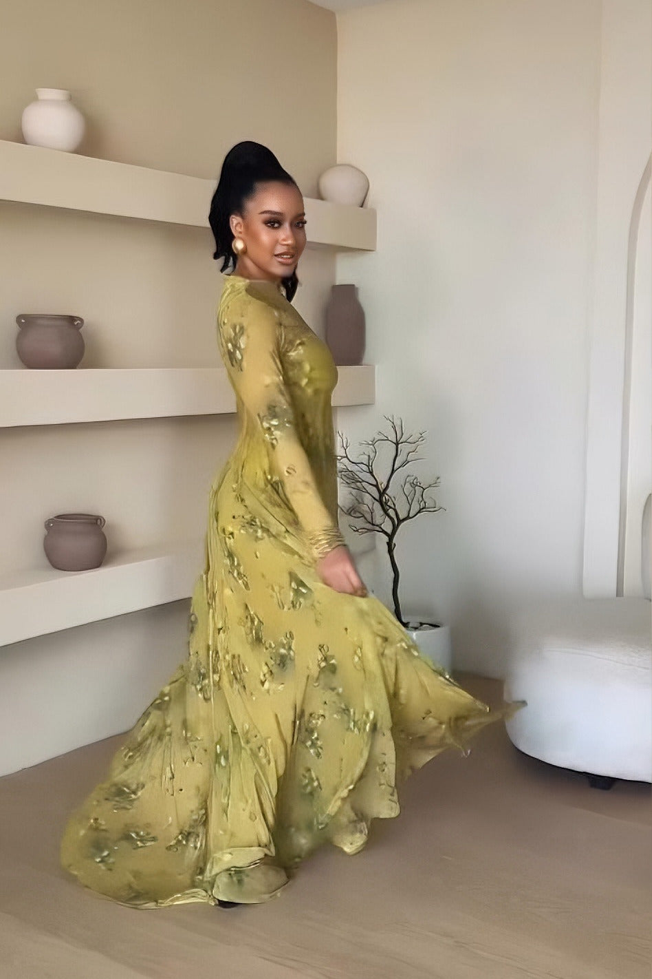 Lime-Green Floral Sheer Overlay Maxi Dress