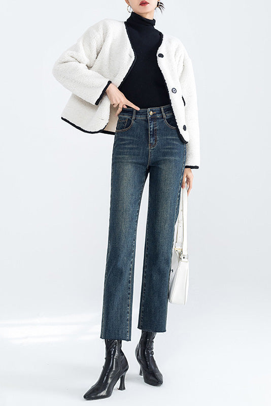 Fleece Straight-Been Cropped Jeans