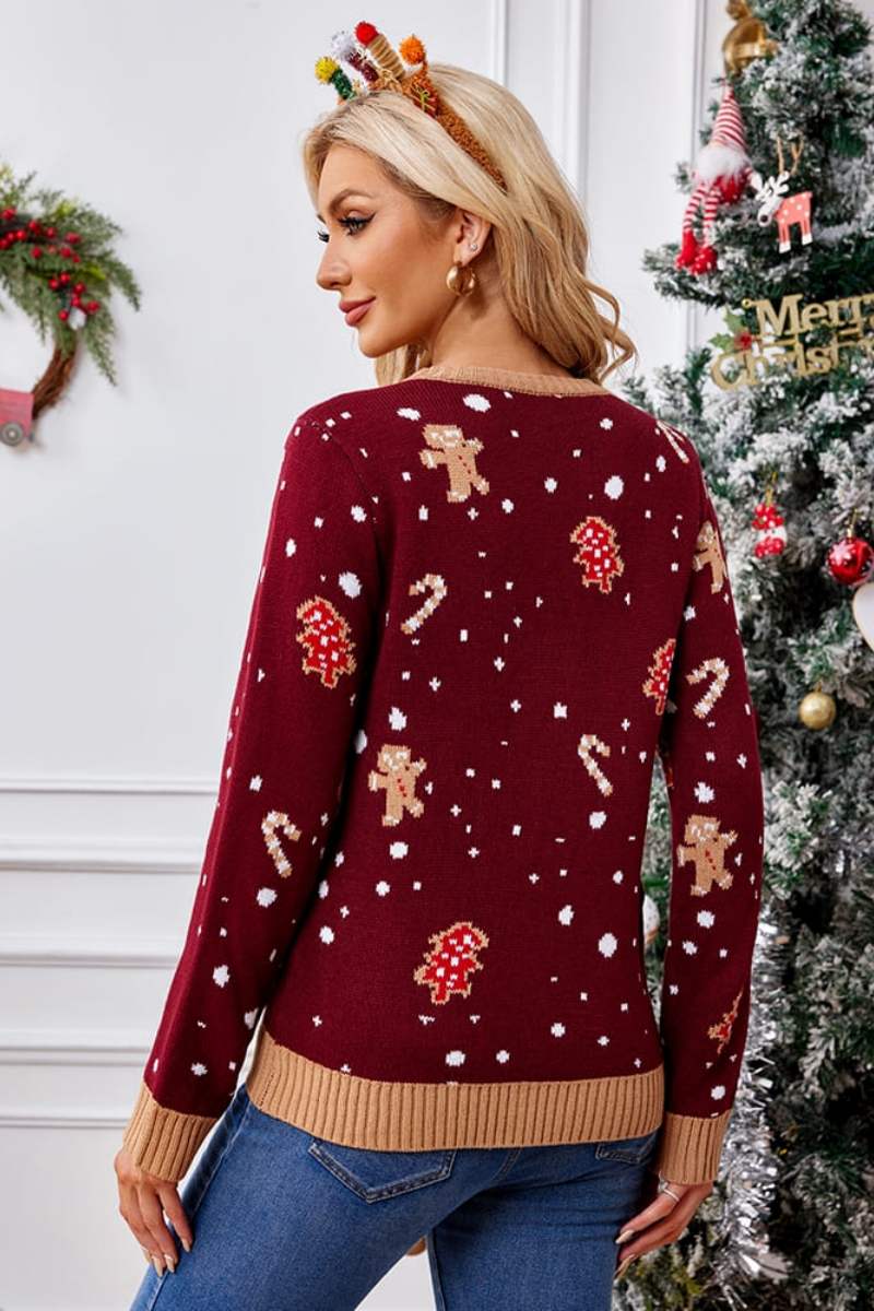 Casual Crewneck Embroidered Sweater – Gingerbread Man