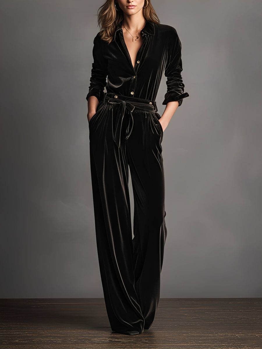 Dame svart fløyel snøring elegant gullknapp jumpsuit
