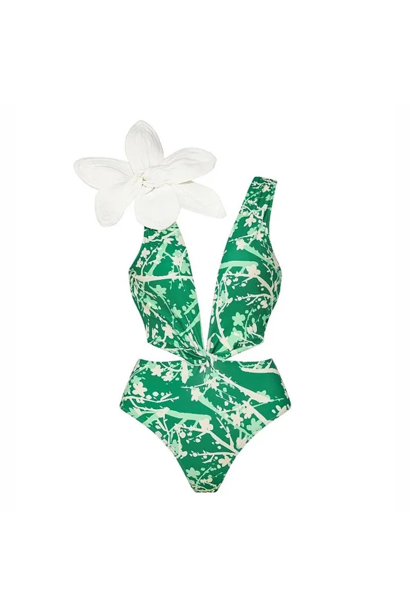 Floral Appliqué Green Printed One-Piece Swimsuit