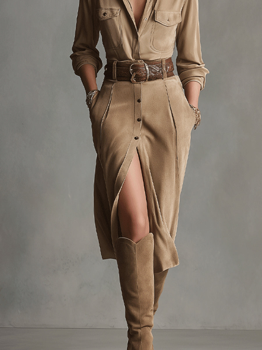 Vestido midi de ante marrón para mujer de moda