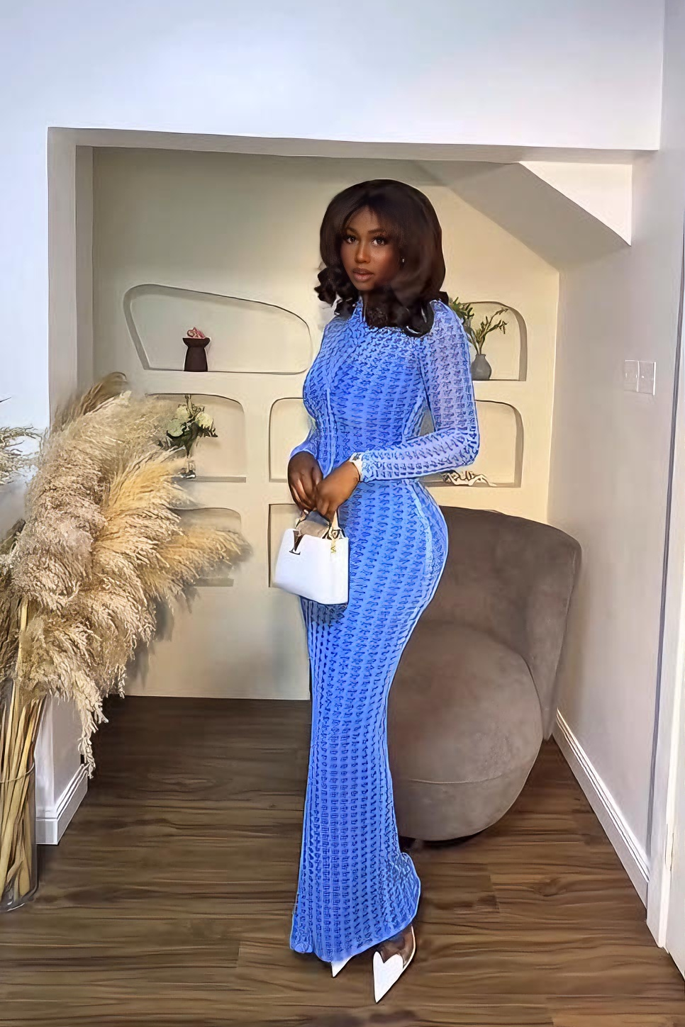 Electric Blue Sheer Texture Bodycon Maxi Dress