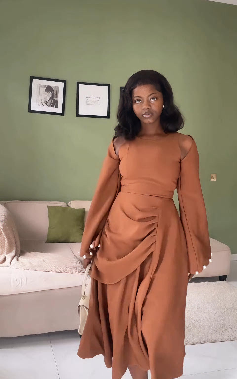 Pearl-Trimmed Asymmetric Pleated Midi Dress