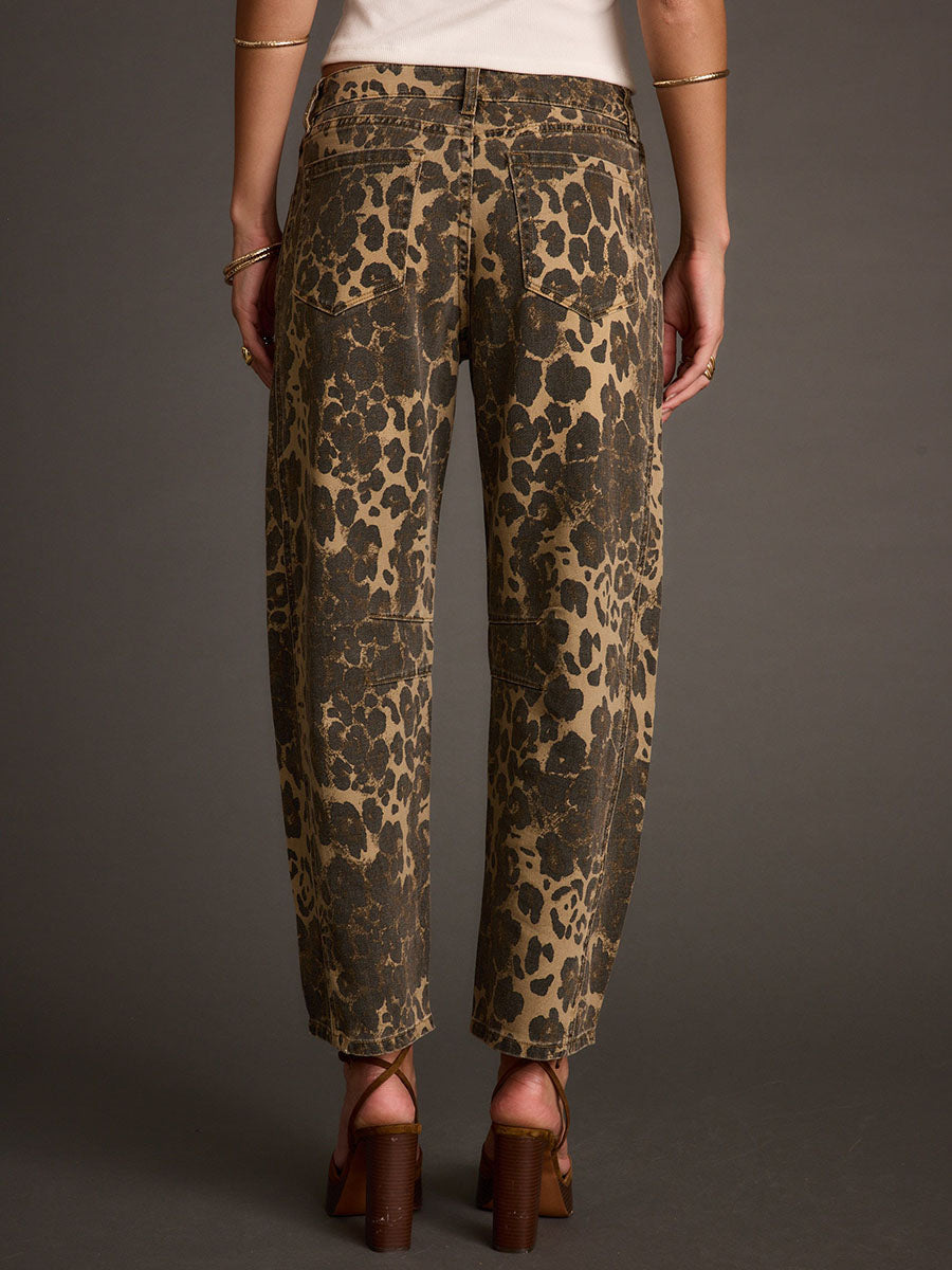 Retro Batı Leopar Desenli Boru Paça Kot Pantolon