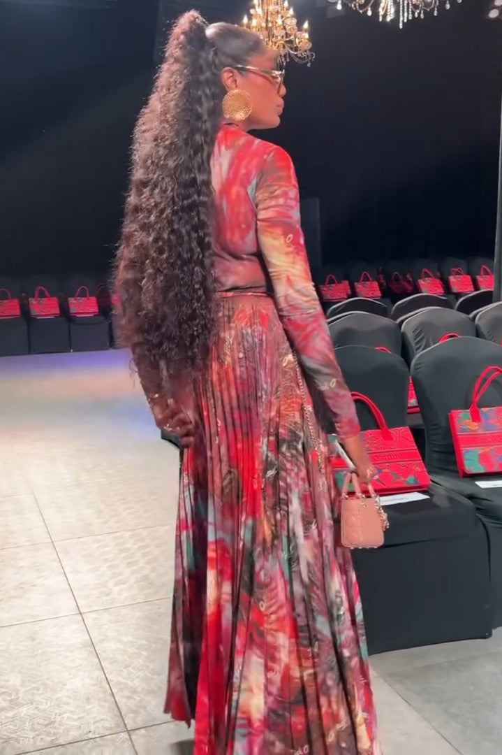 Red Multicolor Abstract Print Mesh Top & Pleated Skirt Set