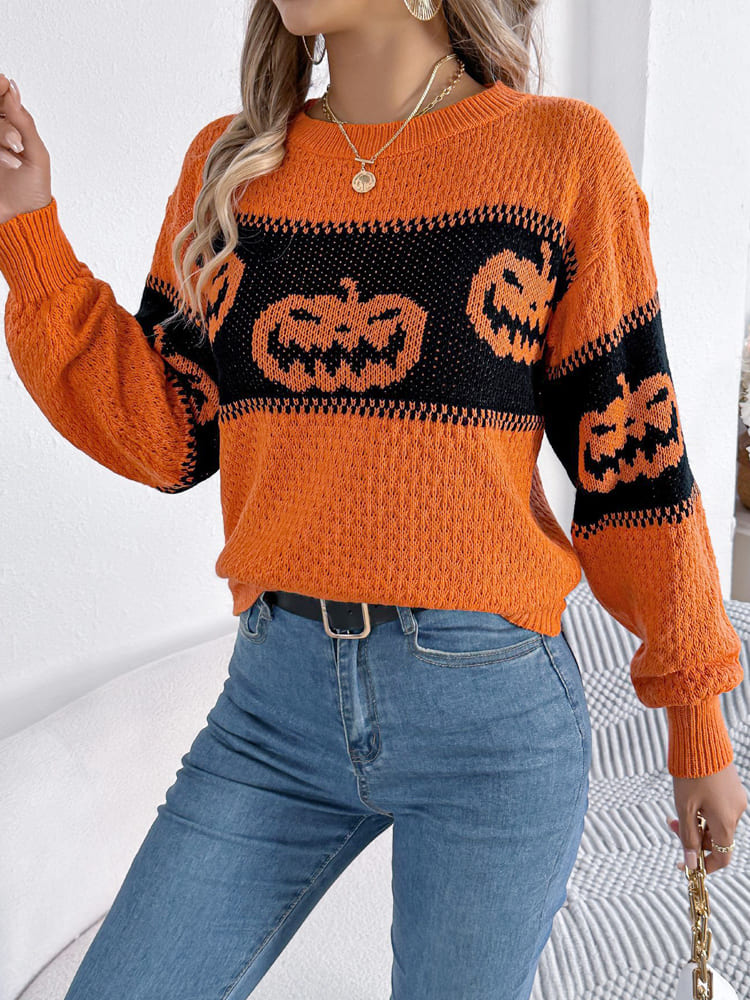 Halloween Pumpa Head Color-Block Crew Neck Stickad tröja