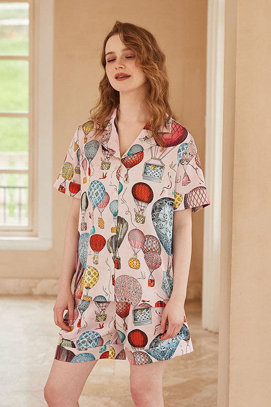 Hot Air Balloon Drécken Open-Front Short-Sleeve Pyjamas Set