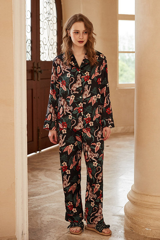 Jaguar og blomstertrykk med langermet Loungewear-sett