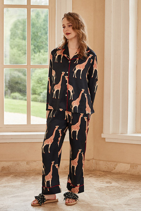 Giraffe Long-Sleeve Ice Silk Loungewear Set - Black