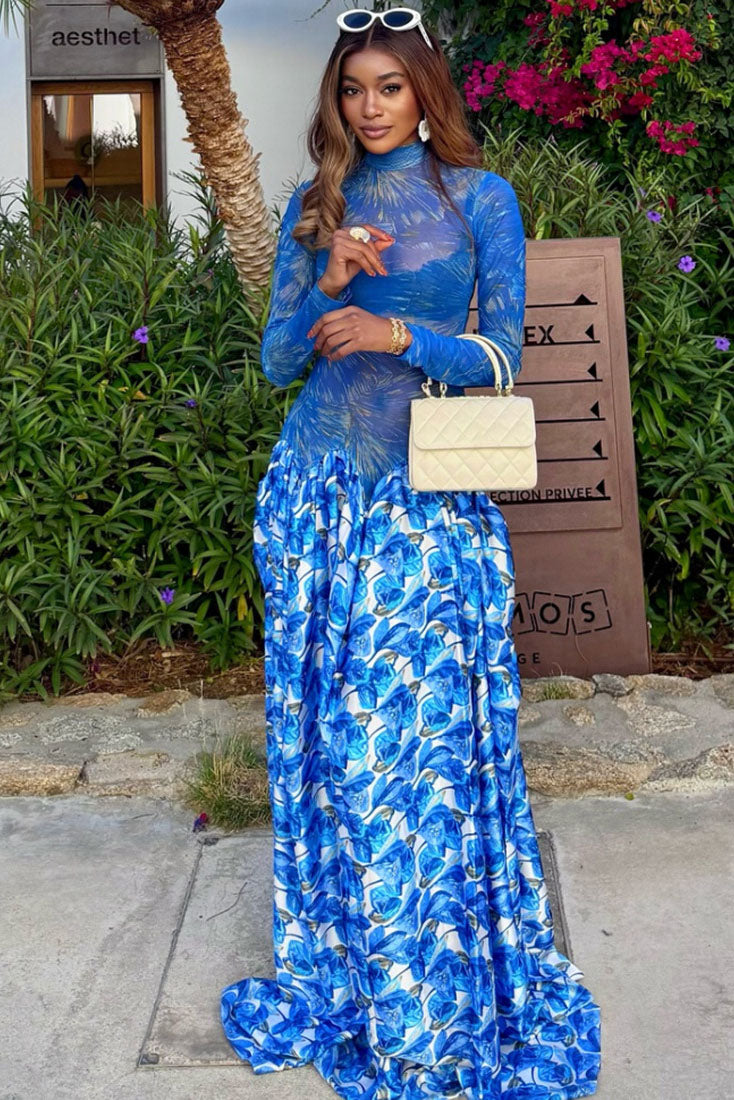 Santorini Rose Print Mesh Maxi Dress