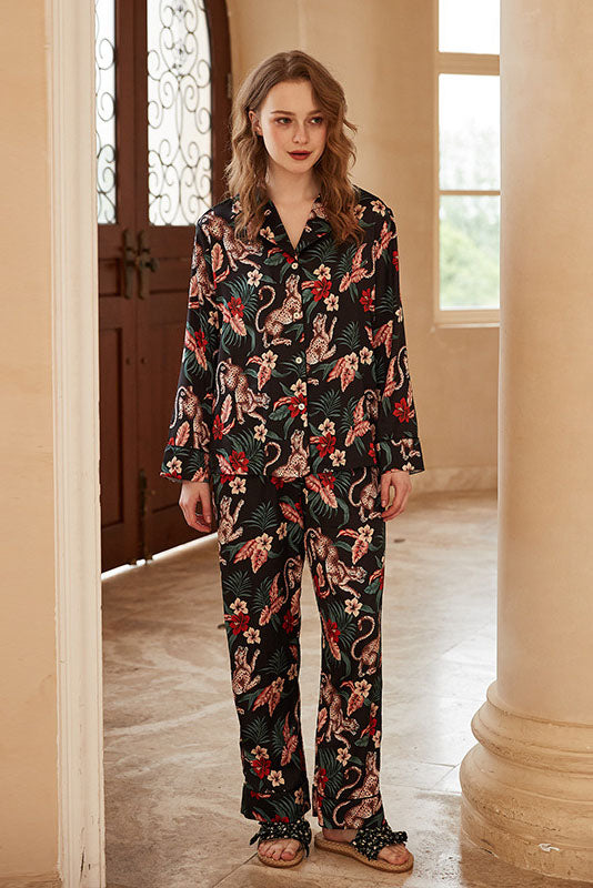 Jaguar and Floral Print Ice Silk Long-Sleeve Loungewear Set