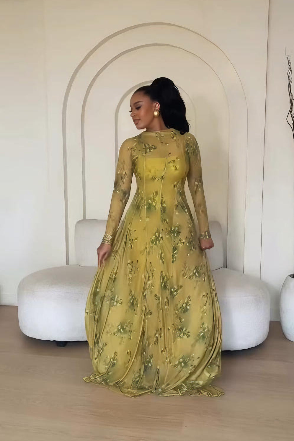 Lime-Green Floral Sheer Overlay Maxi Dress