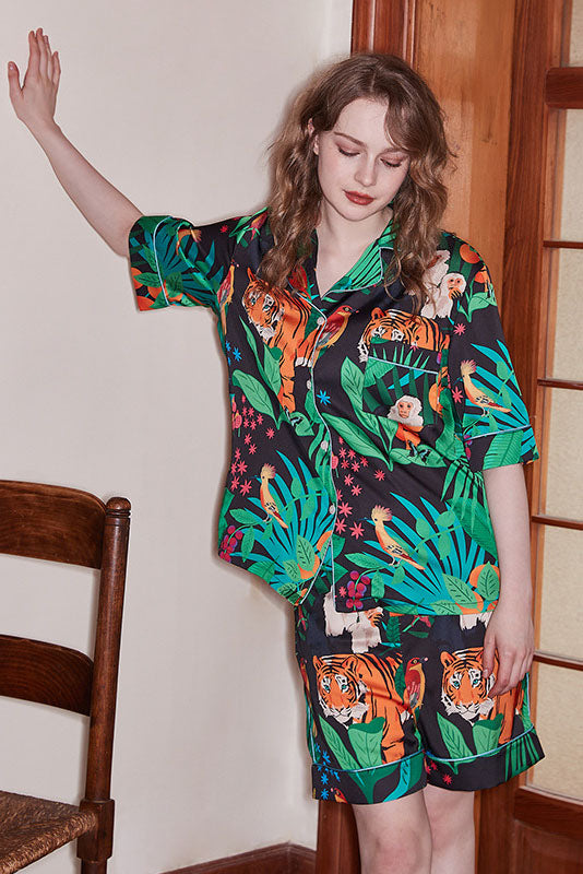 Ensemble de Loungewear à Manches Glacées Imprimé Tigre et Singe