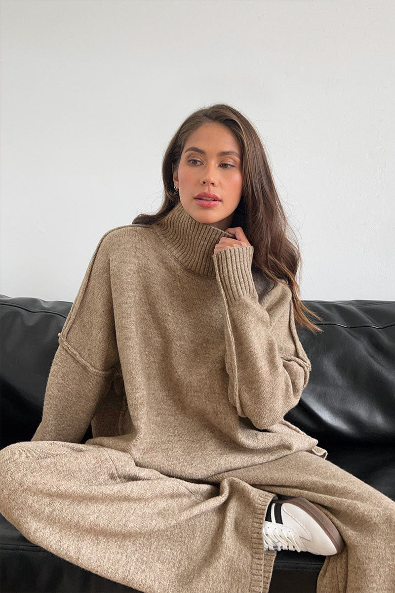 Turtleneck Split Sweater Løs Strik Bukser Sæt