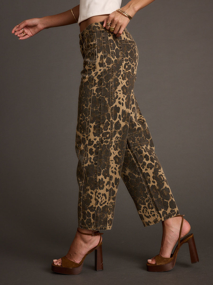 Retro Batı Leopar Desenli Boru Paça Kot Pantolon
