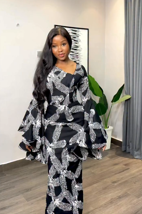 Black-White Feather Bell-Sleeve Maxi Dress