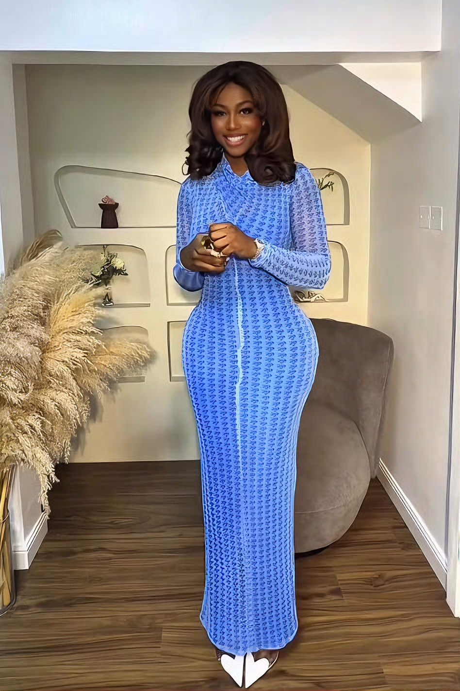 Electric Blue Sheer Texture Bodycon Maxi Dress