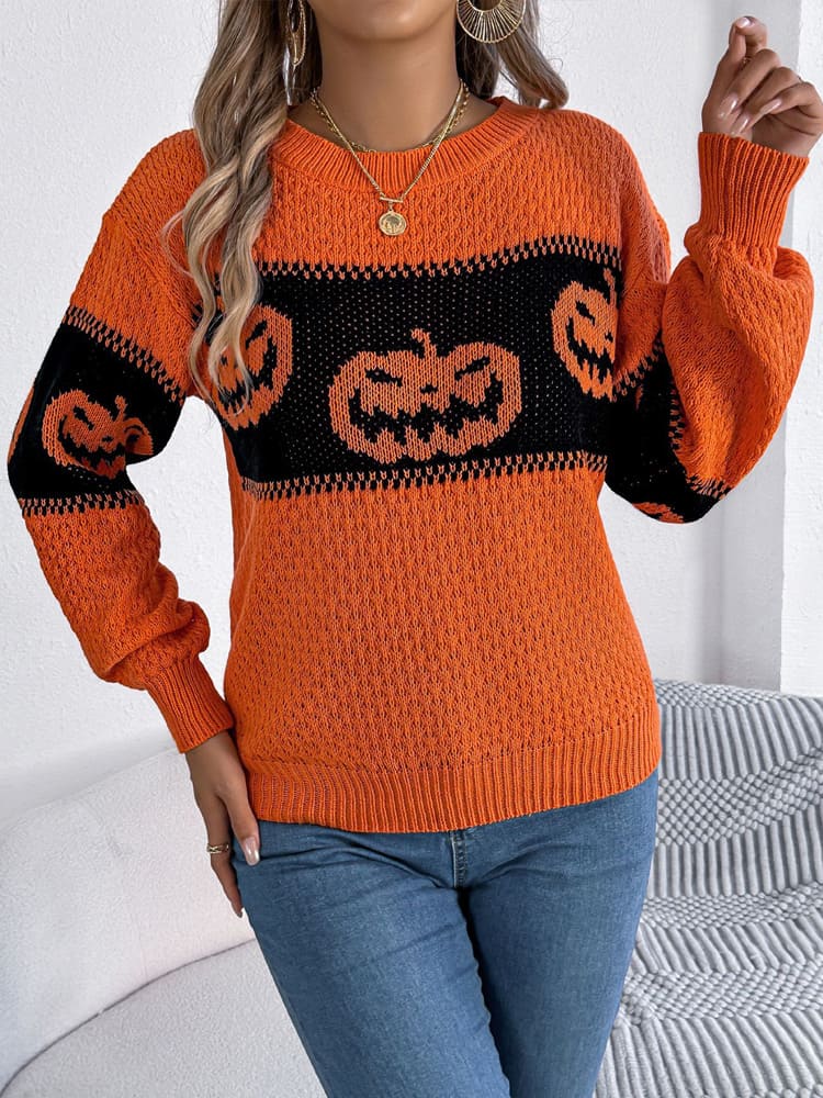 Halloween Pumpa Head Color-Block Crew Neck Stickad tröja