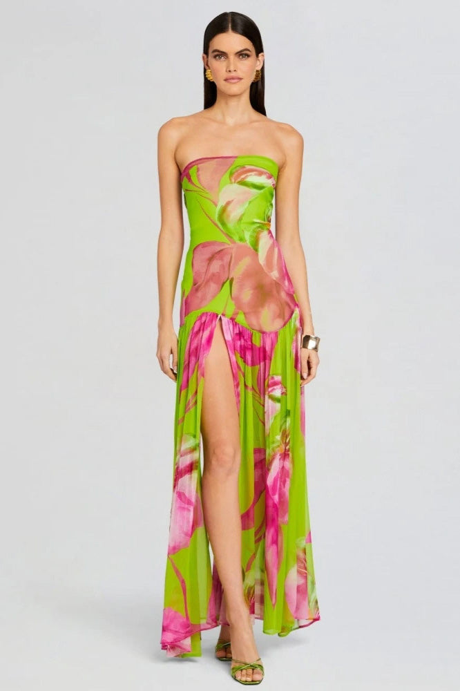 Pam Printed Stroppeløs Slit Maxi Dress